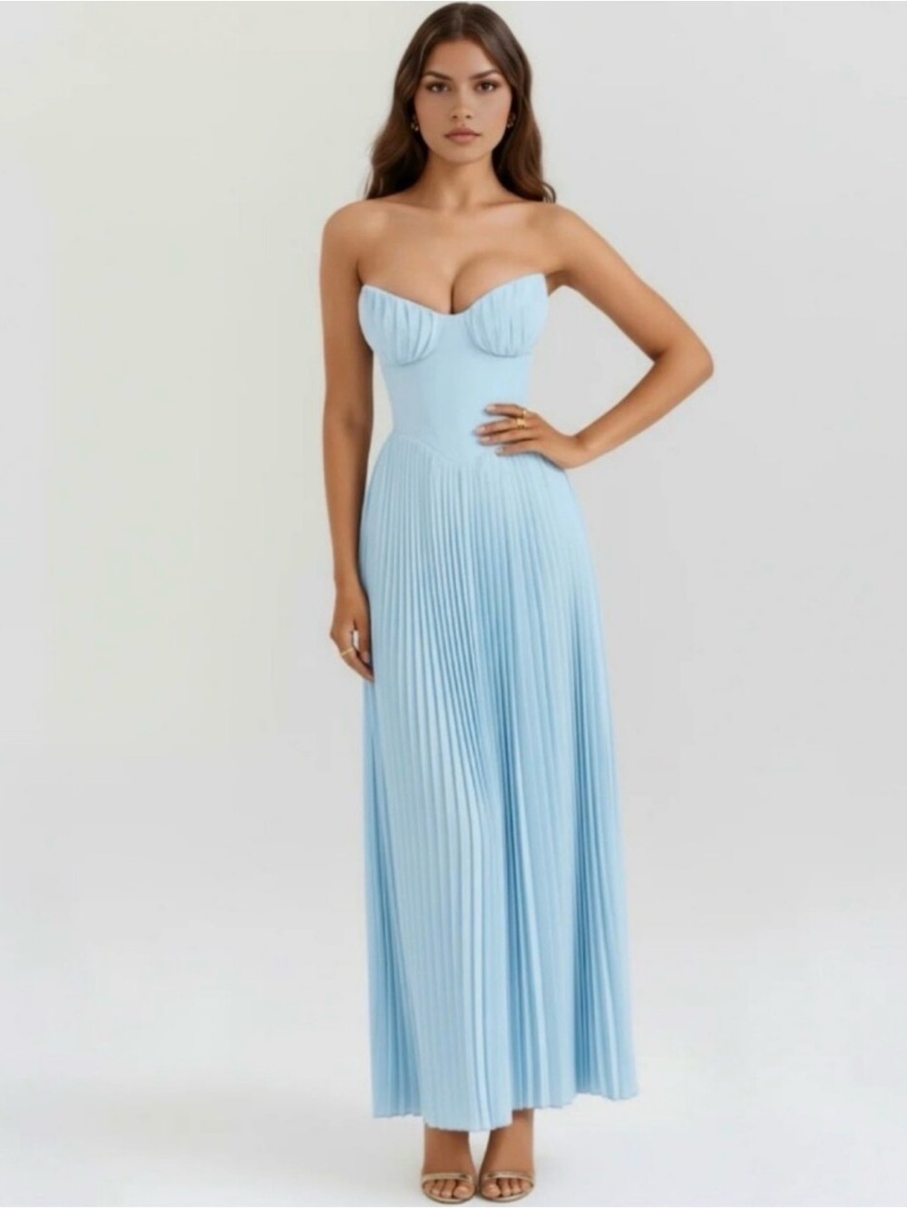 Almond Muse Siena Powder Blue Strapless Pleated Maxi Bustier Corset Dress Md